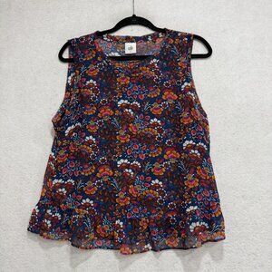 Cabi Shirt Womens Small Blue Multicolor Floral Sleeveless Ruffle Hem Blouse